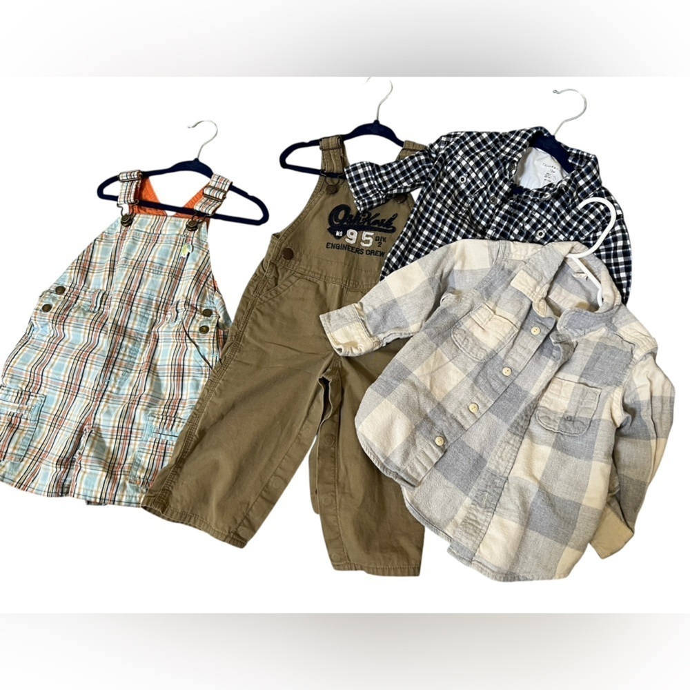 Set of 2 Overalls plaid shorts + long beige & 2 plaid shirts size 12months